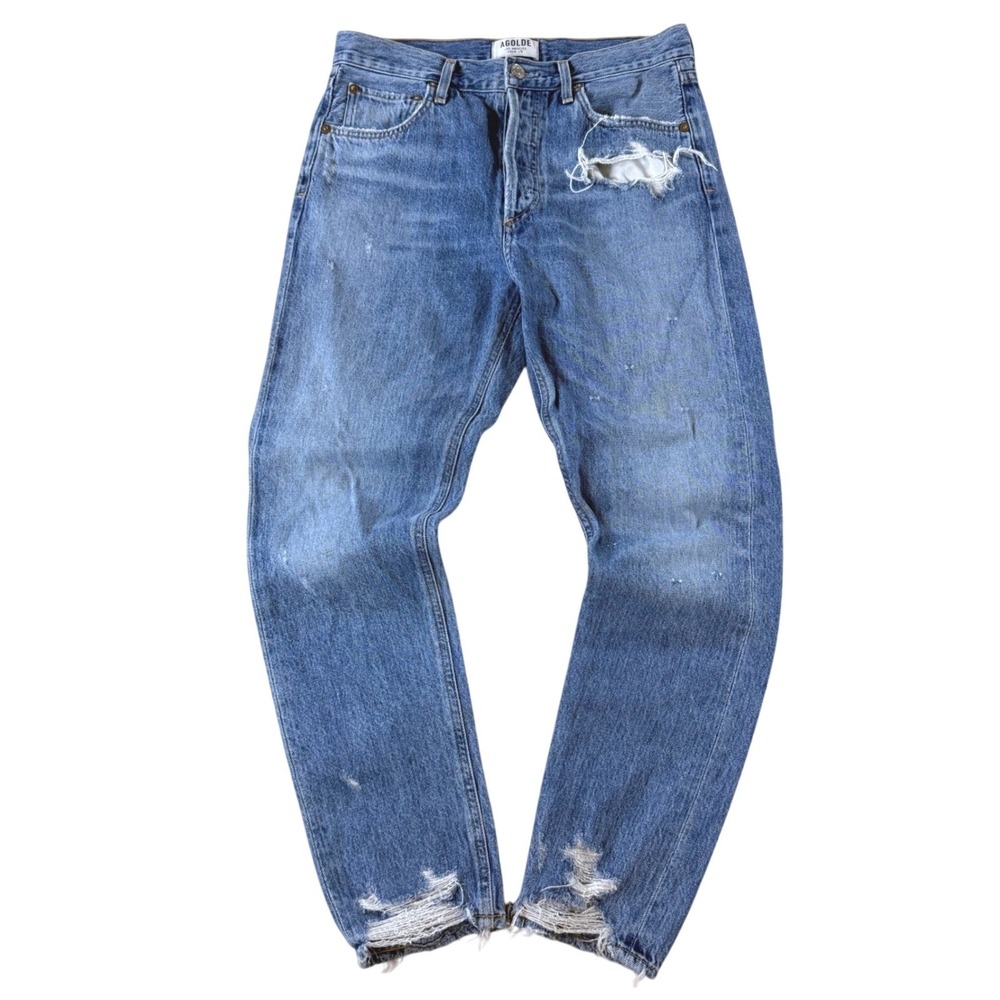 AGOLDE Jamie High Rise Jeans Womens 27 Blue Distressed Straight Leg Raw Hem